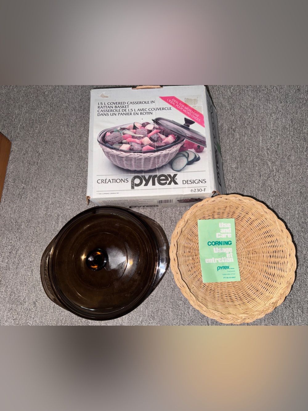 Vintage Pyrex Casserole dish with Rattan Serving basket